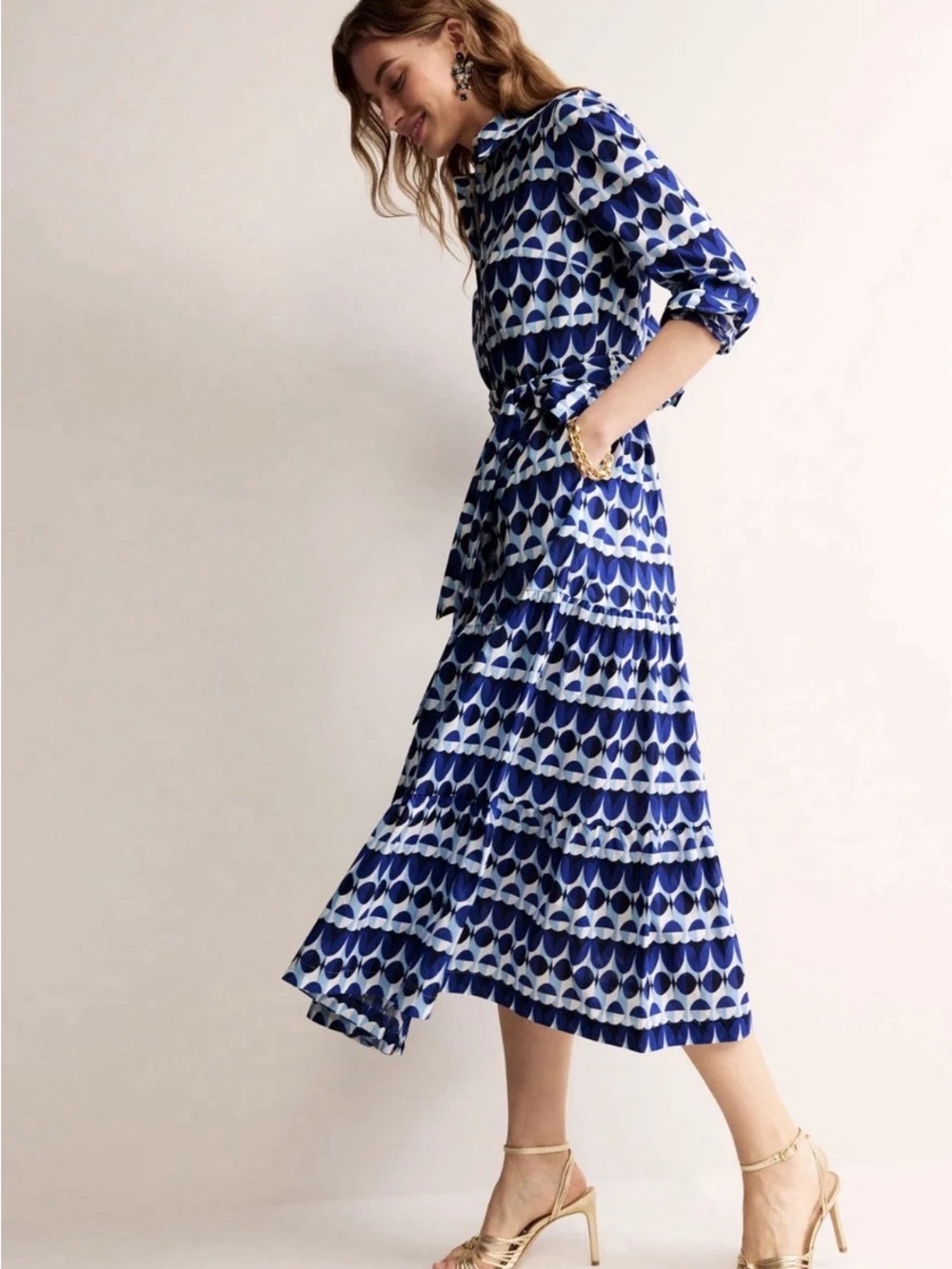 Boden US 16-18 Flo cotton midi shirt dress in blue geometric print - Picture 3 of 8